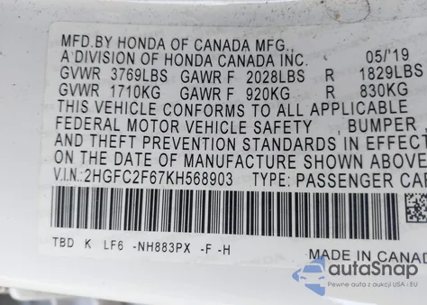 2019 Honda Civic Lx z USA, uszkodzony, nr VIN 2HGFC2F67KH568903